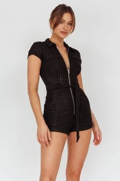 California Girl Short Sleeve Waist Tie Romper Black -Fashion women's clothing SR0141D10 20BLACK 6