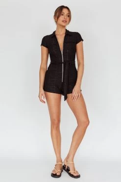 California Girl Short Sleeve Waist Tie Romper Black -Fashion women's clothing SR0141D10 20BLACK 7