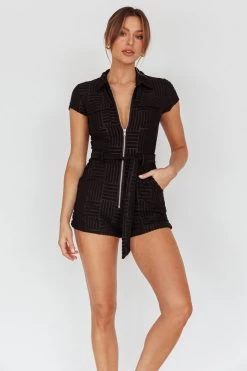 California Girl Short Sleeve Waist Tie Romper Black -Fashion women's clothing SR0141D10 20BLACK 8