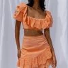 New Moon Ruffle Trim Puff Sleeve Eyelet Crop Top Orange