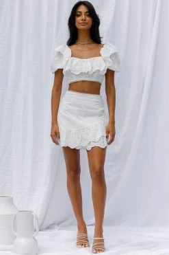 New Moon Ruffle Trim Puff Sleeve Eyelet Crop Top White -Fashion women's clothing SR0155J T 20WHITE 5