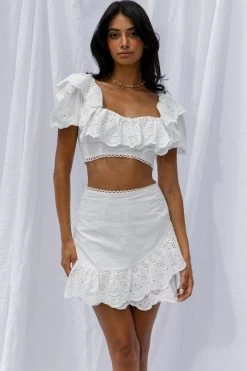 New Moon Ruffle Trim Puff Sleeve Eyelet Crop Top White -Fashion women's clothing SR0155J T 20WHITE 6