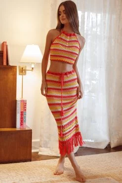 Soul Sister Fringe Hem Crochet Midi Skirt Red -Fashion women's clothing SR0221J02 S 20RED 5