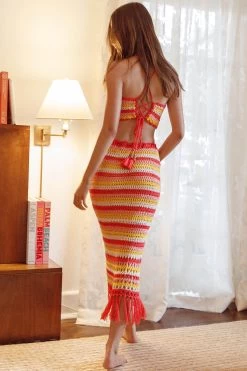 Soul Sister Fringe Hem Crochet Midi Skirt Red -Fashion women's clothing SR0221J02 S 20RED 6