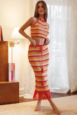 Soul Sister Tied Back Crochet Crop Top Red -Fashion women's clothing SR0221J02 T 20RED 5