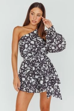 Summer Lover One-Shoulder Romper Floral Black