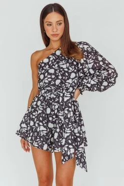 Summer Lover One-Shoulder Romper Floral Black -Fashion women's clothing SR0255J09 20BLACK 4
