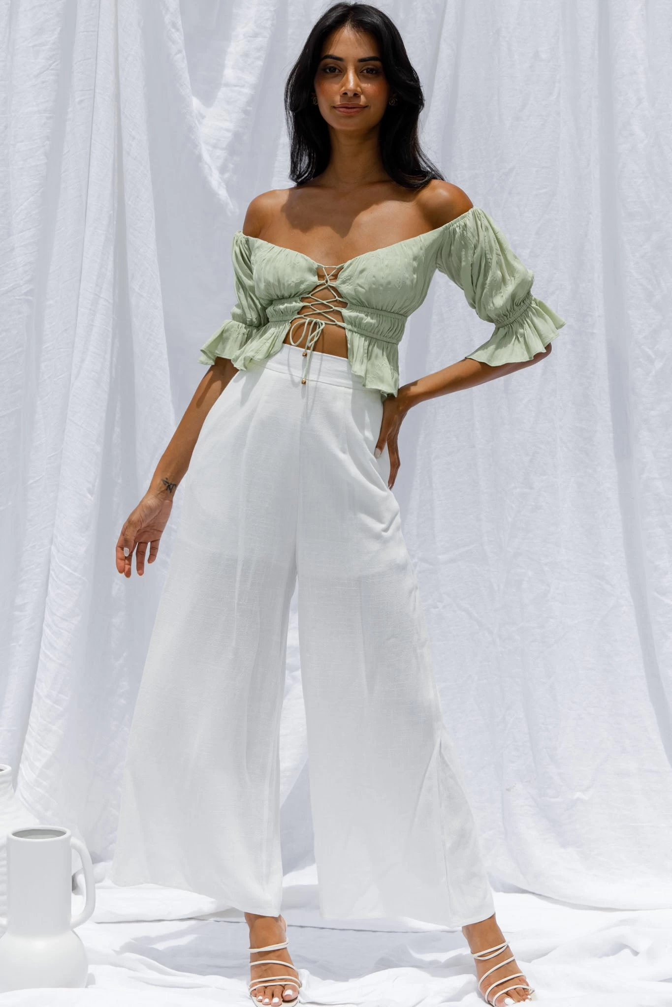La Romana High Waisted Wide Leg Pants White 1 La Romana High Waisted Wide Leg Pants White