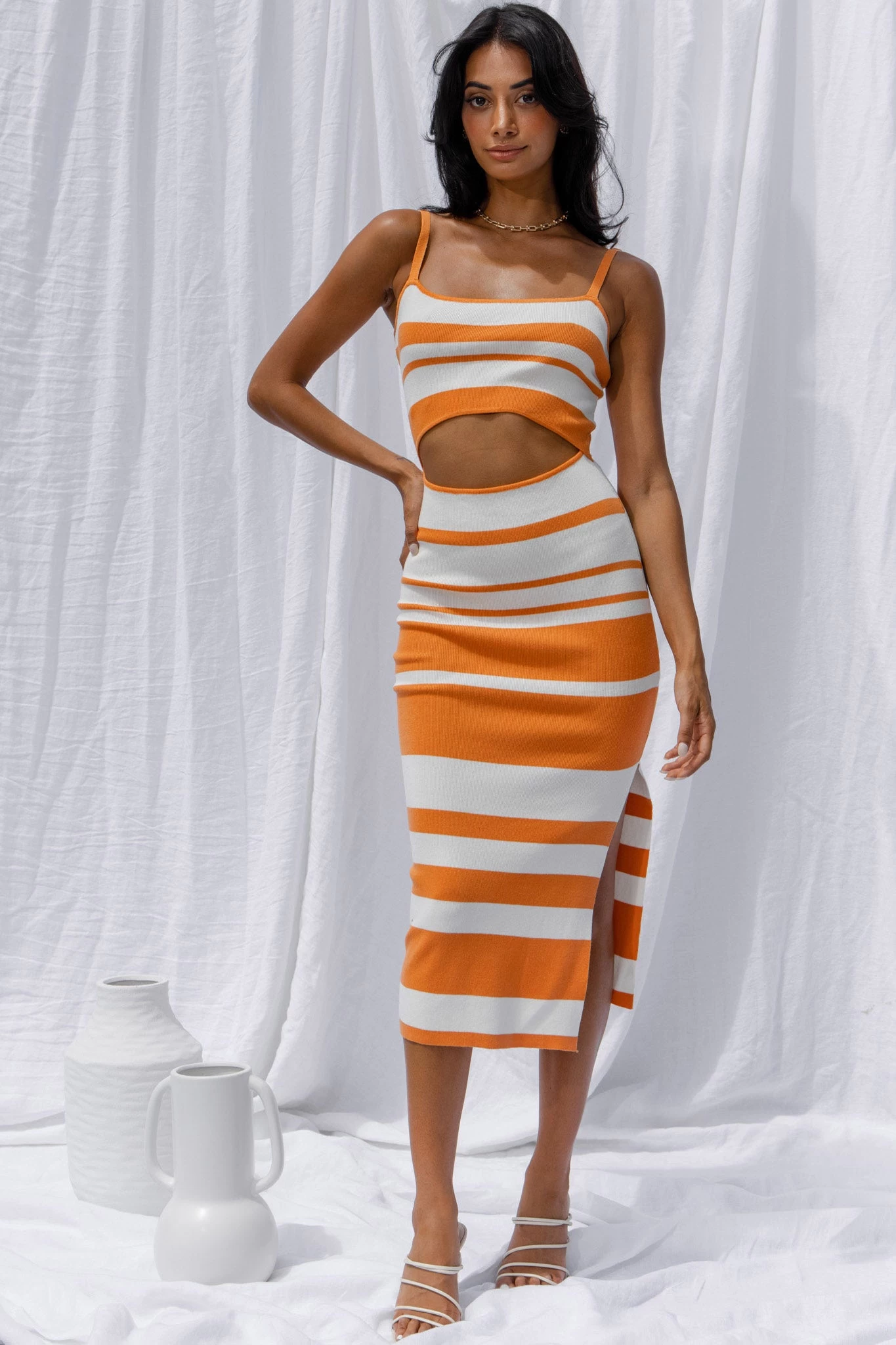 Dayana Cut-Out Waist Side Split Knit Midi Dress Striped Orange 1 Dayana Cut-Out Waist Side Split Knit Midi Dress Striped Orange