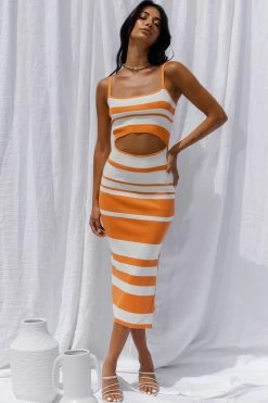 Dayana Cut-Out Waist Side Split Knit Midi Dress Striped Orange 10 Dayana Cut-Out Waist Side Split Knit Midi Dress Striped Orange -Fashion women's clothing SR0373B01 20ORANGE 2