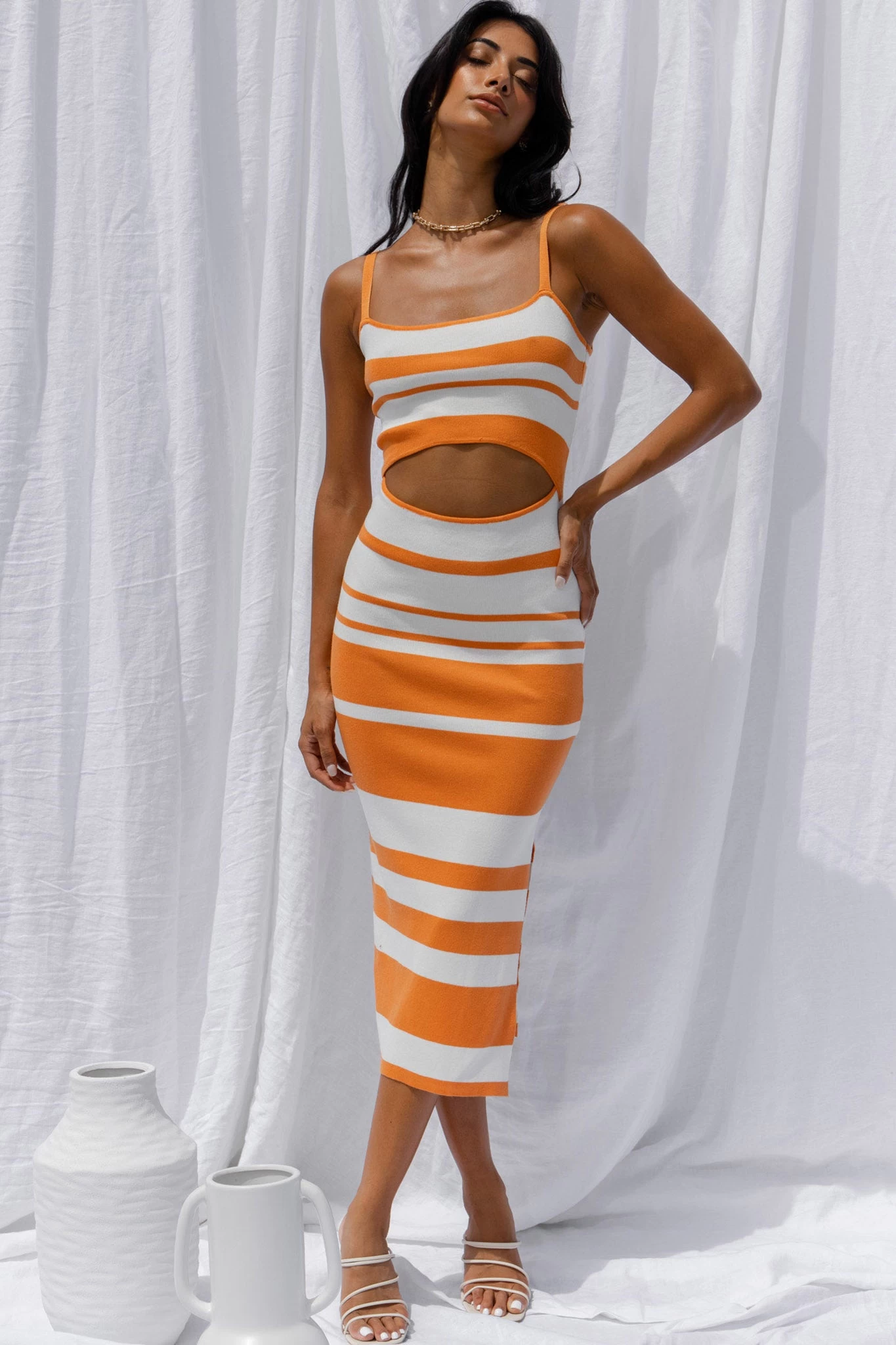 Dayana Cut-Out Waist Side Split Knit Midi Dress Striped Orange 3 Dayana Cut-Out Waist Side Split Knit Midi Dress Striped Orange - Image 3