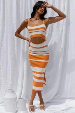 Dayana Cut-Out Waist Side Split Knit Midi Dress Striped Orange 11 Dayana Cut-Out Waist Side Split Knit Midi Dress Striped Orange -Fashion women's clothing SR0373B01 20ORANGE 4