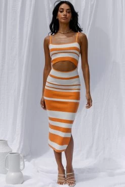 Dayana Cut-Out Waist Side Split Knit Midi Dress Striped Orange 12 Dayana Cut-Out Waist Side Split Knit Midi Dress Striped Orange -Fashion women's clothing SR0373B01 20ORANGE 5