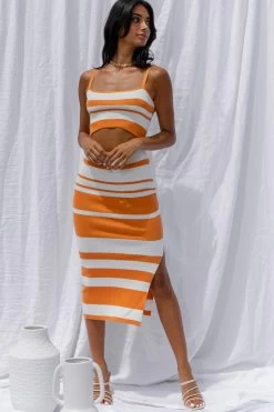 Dayana Cut-Out Waist Side Split Knit Midi Dress Striped Orange 13 Dayana Cut-Out Waist Side Split Knit Midi Dress Striped Orange -Fashion women's clothing SR0373B01 20ORANGE 6
