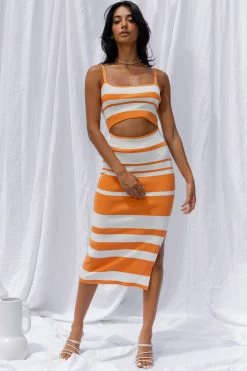 Dayana Cut-Out Waist Side Split Knit Midi Dress Striped Orange 14 Dayana Cut-Out Waist Side Split Knit Midi Dress Striped Orange -Fashion women's clothing SR0373B01 20ORANGE 7