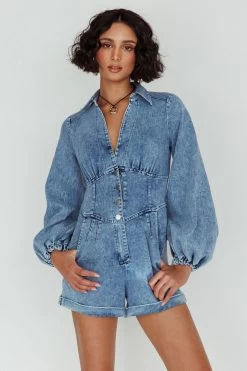 South Beach Long Sleeve Collared Romper Denim -Fashion women's clothing SR0405D05 20DENIM 5