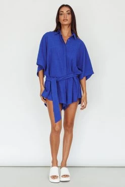 Daytona Beach Button-Up Romper Textured Blue -Fashion women's clothing SR0663J03 20BLUE 2