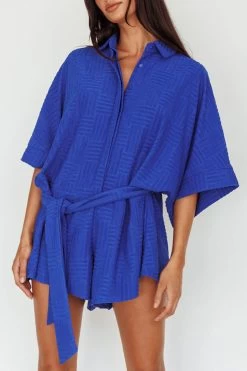 Daytona Beach Button-Up Romper Textured Blue -Fashion women's clothing SR0663J03 20BLUE 4