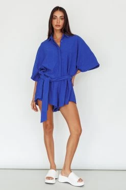Daytona Beach Button-Up Romper Textured Blue -Fashion women's clothing SR0663J03 20BLUE 5