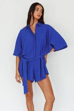 Daytona Beach Button-Up Romper Textured Blue -Fashion women's clothing SR0663J03 20BLUE 6