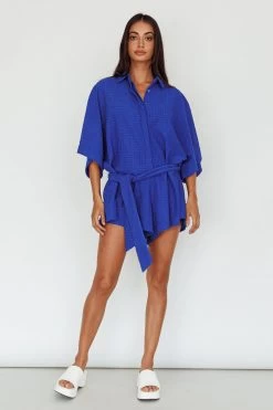 Daytona Beach Button-Up Romper Textured Blue -Fashion women's clothing SR0663J03 20BLUE 7