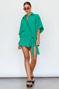 Daytona Beach Button-Up Romper Textured Green 7 Daytona Beach Button-Up Romper Textured Green -Fashion women's clothing SR0663J03 20GREEN 2