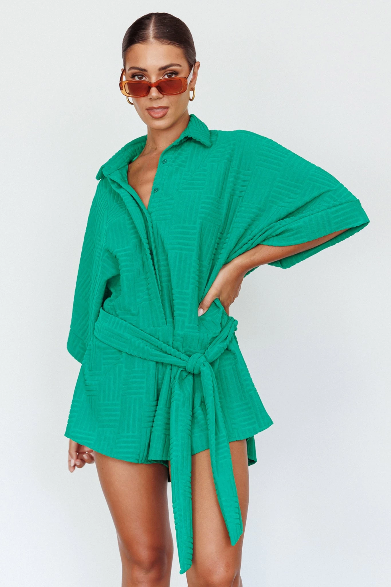 Daytona Beach Button-Up Romper Textured Green 5 Daytona Beach Button-Up Romper Textured Green - Image 5