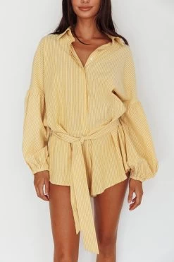 Daytona Beach Long Sleeve Shirt Romper Yellow Stripe -Fashion women's clothing SR0663J05 20YELLOW 20STRIPE 4