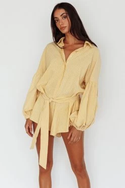 Daytona Beach Long Sleeve Shirt Romper Yellow Stripe -Fashion women's clothing SR0663J05 20YELLOW 20STRIPE 5