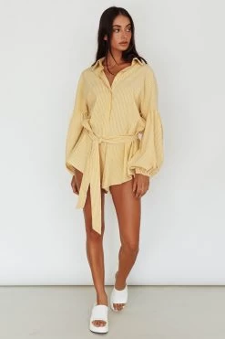 Daytona Beach Long Sleeve Shirt Romper Yellow Stripe -Fashion women's clothing SR0663J05 20YELLOW 20STRIPE 6