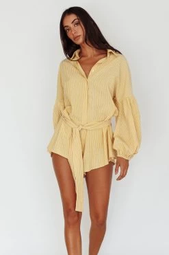 Daytona Beach Long Sleeve Shirt Romper Yellow Stripe -Fashion women's clothing SR0663J05 20YELLOW 20STRIPE 7