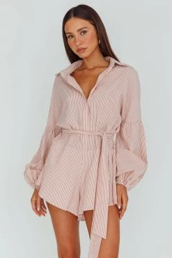 Daytona Beach Long Sleeve Shirt Romper Terracotta Stripe
