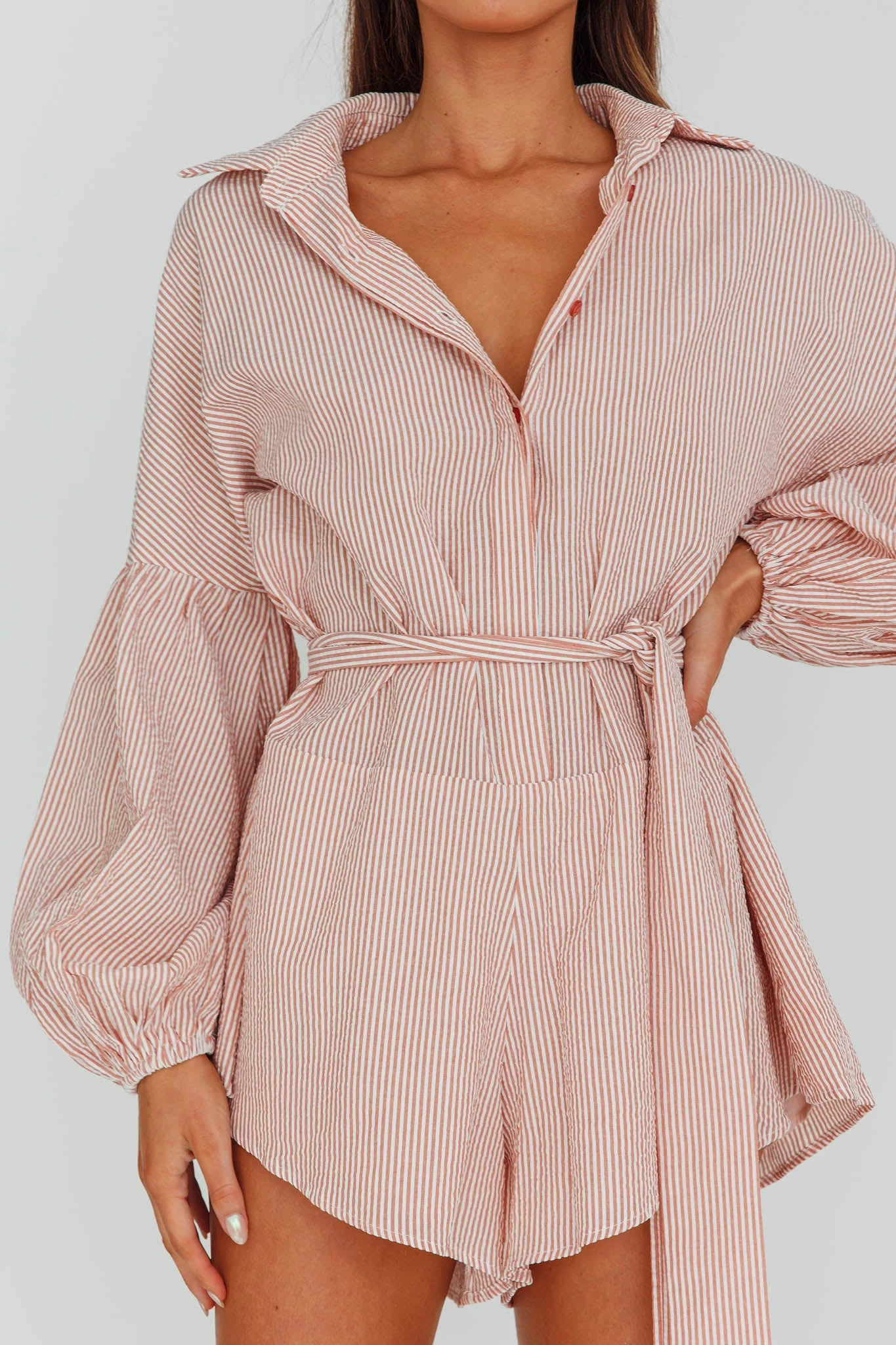 Daytona Beach Long Sleeve Shirt Romper Terracotta Stripe 4 Daytona Beach Long Sleeve Shirt Romper Terracotta Stripe - Image 4