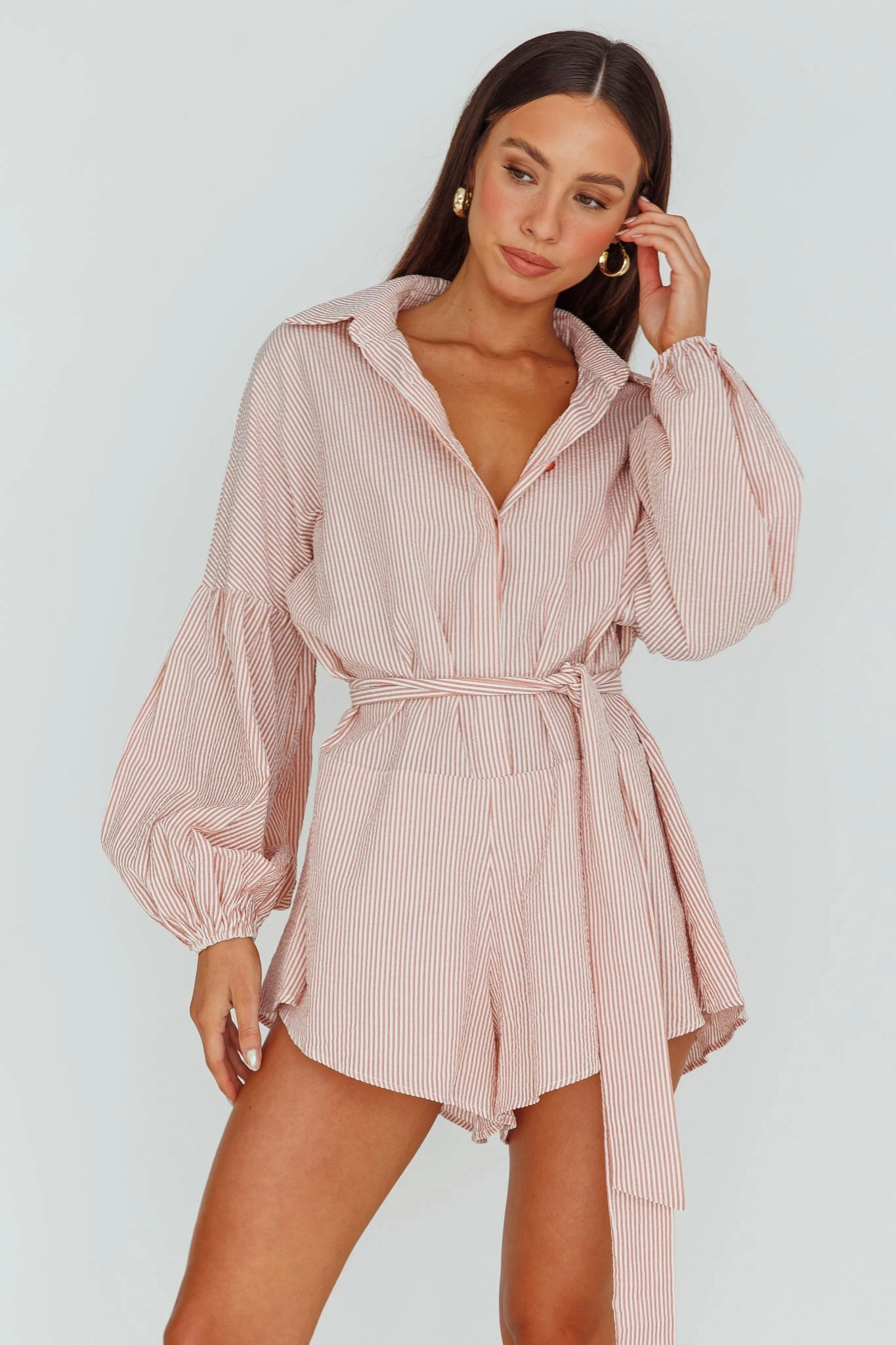 Daytona Beach Long Sleeve Shirt Romper Terracotta Stripe 5 Daytona Beach Long Sleeve Shirt Romper Terracotta Stripe - Image 5