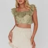 Dreamy On Or Off-Shoulder Frill Crop Top Beige/Olive
