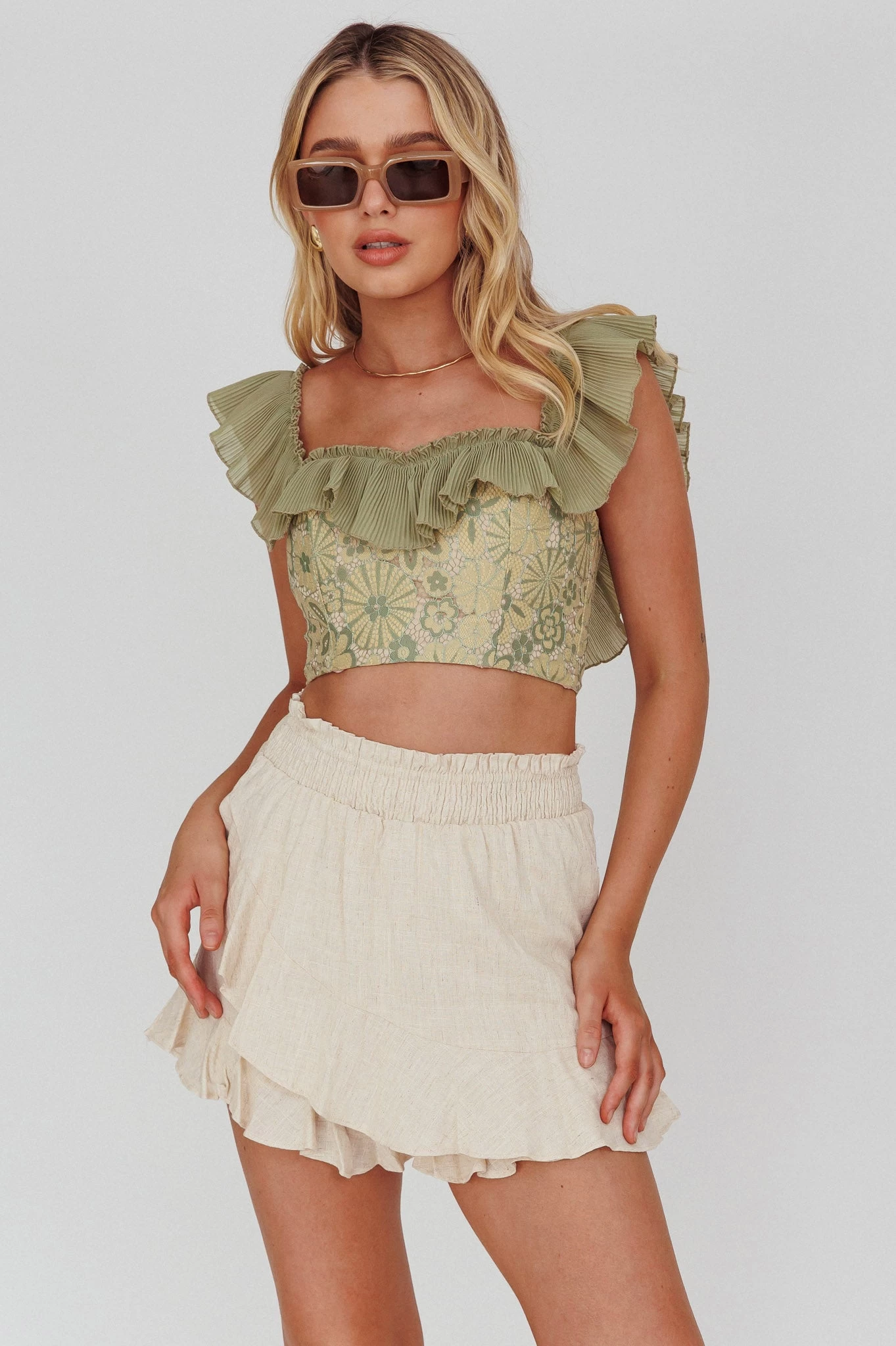 Dreamy On Or Off-Shoulder Frill Crop Top Beige/Olive 1 Dreamy On Or Off-Shoulder Frill Crop Top Beige/Olive
