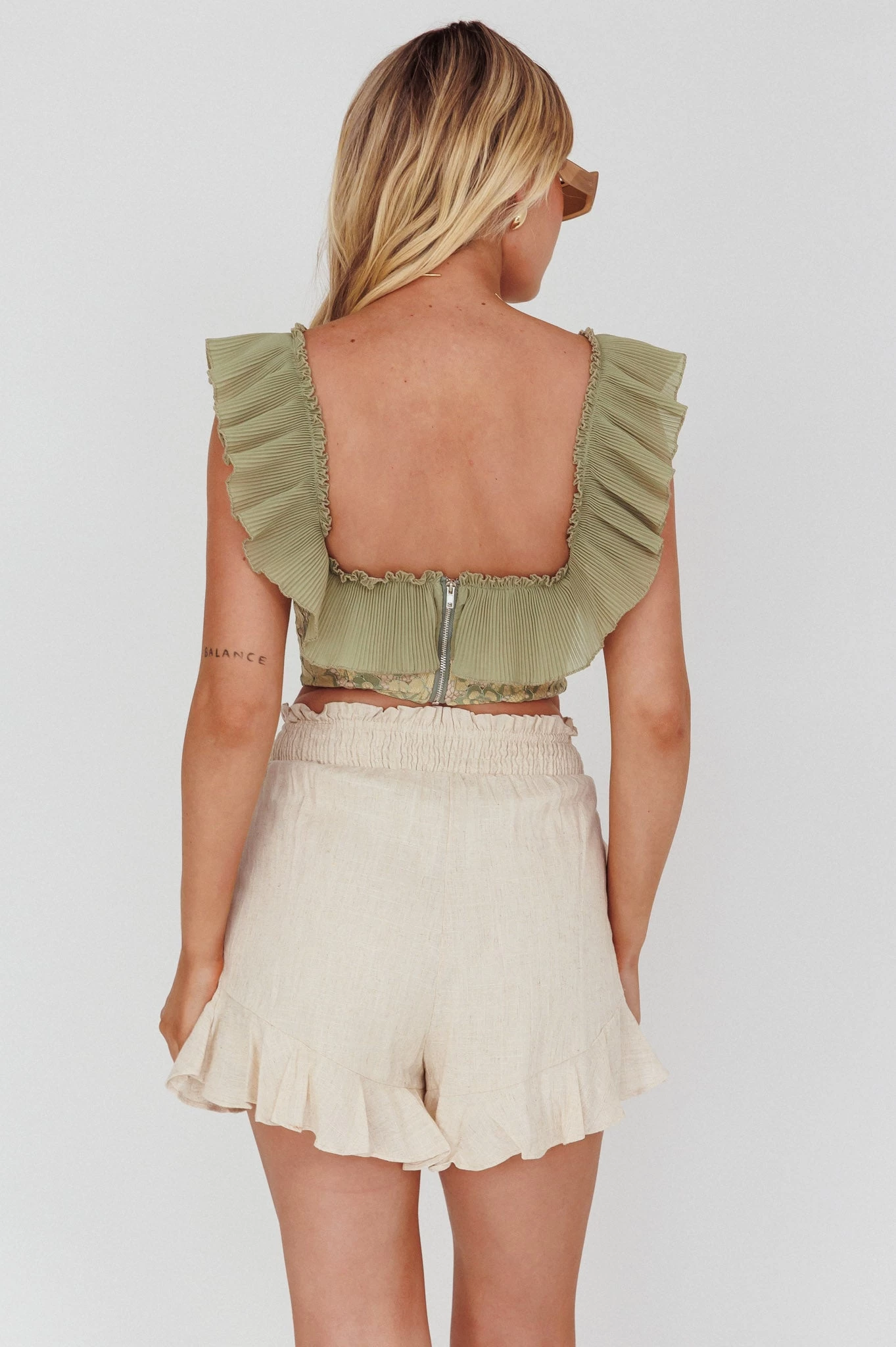 Dreamy On Or Off-Shoulder Frill Crop Top Beige/Olive 2 Dreamy On Or Off-Shoulder Frill Crop Top Beige/Olive - Image 2