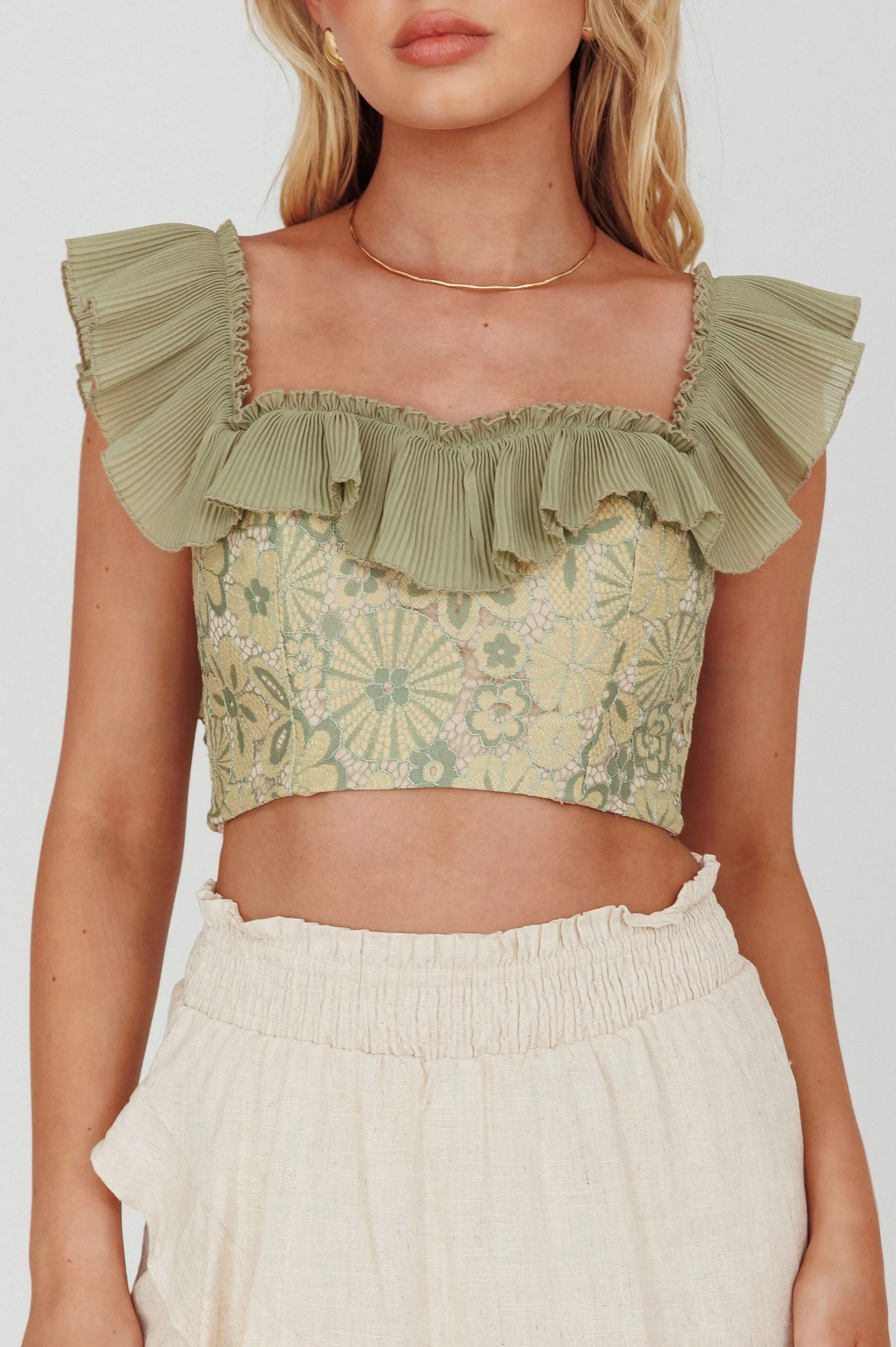 Dreamy On Or Off-Shoulder Frill Crop Top Beige/Olive 4 Dreamy On Or Off-Shoulder Frill Crop Top Beige/Olive - Image 4