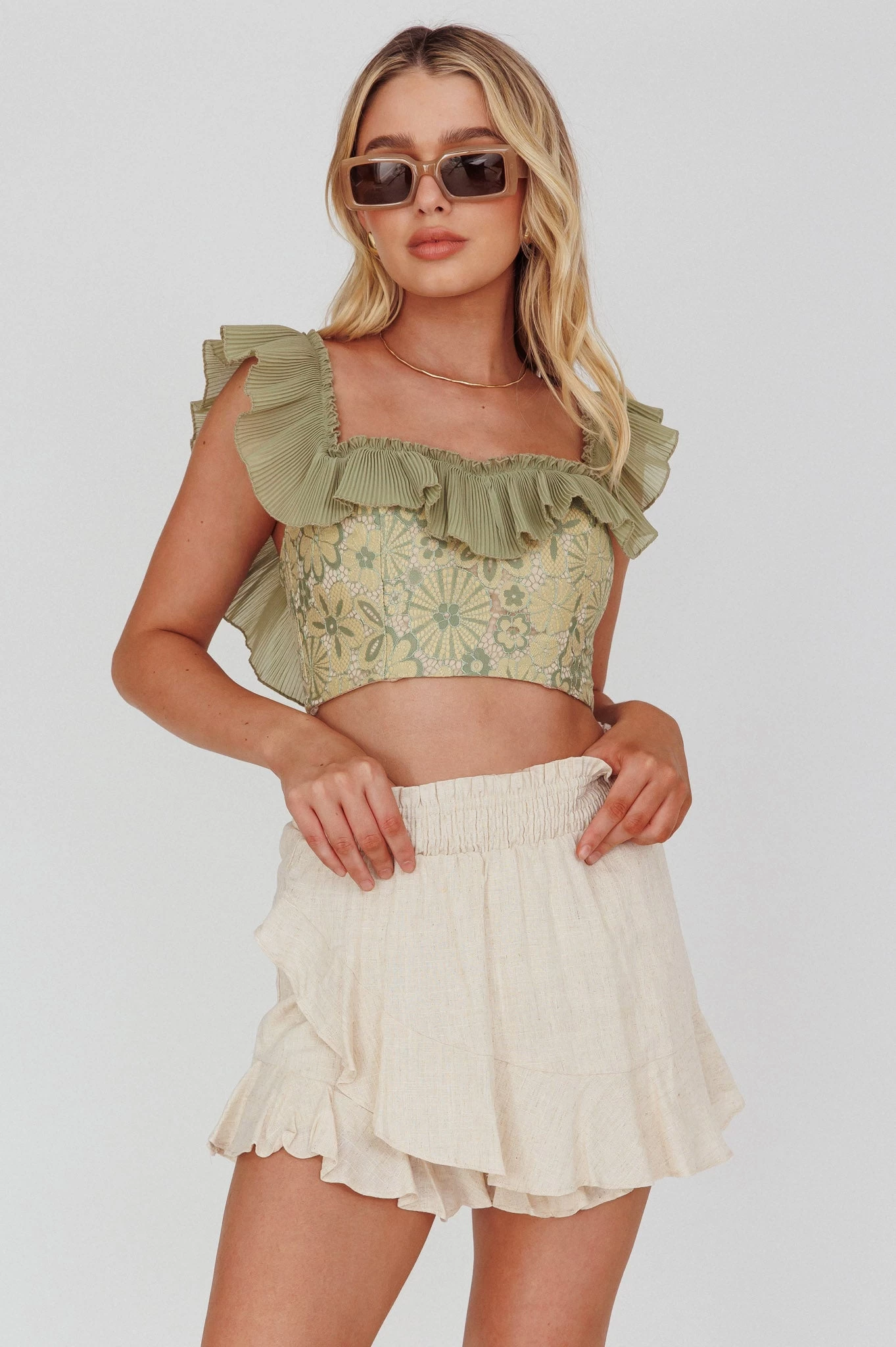 Dreamy On Or Off-Shoulder Frill Crop Top Beige/Olive 6 Dreamy On Or Off-Shoulder Frill Crop Top Beige/Olive - Image 6
