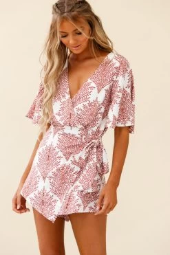 Nadi V-Neckline Wrap Romper Leaf Print White -Fashion women's clothing ST1765BK04 WHITE 5