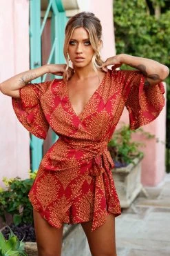 Nadi V-Neckline Wrap Romper Leaf Print Wine -Fashion women's clothing ST1765BK04 WINE 1 78017fea d2f5 449b 9b7c 6308c777cc1d