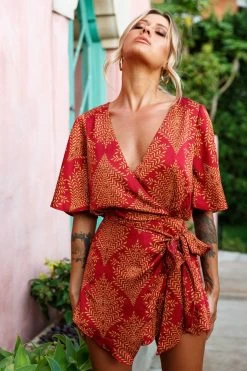 Nadi V-Neckline Wrap Romper Leaf Print Wine -Fashion women's clothing ST1765BK04 WINE 6