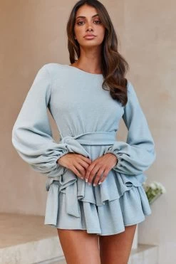 Talk About It Balloon Sleeve Open Back Knit Romper Sage -Fashion women's clothing ST2248D01 SAGE 4