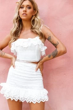 Houston Scalloped Hem Broderie Anglaise Mini Skirt White -Fashion women's clothing ST2252D S WHITE 3