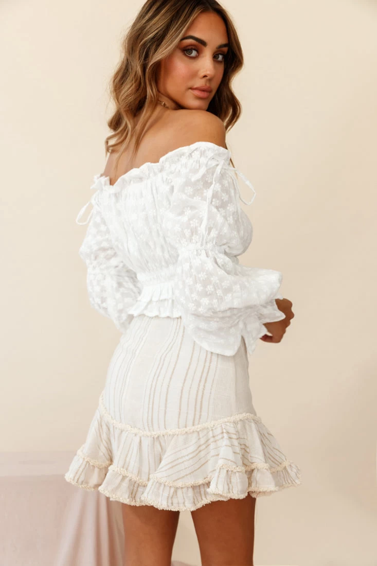 Eve Ruffle Hem Linen Blend Skirt White/Mocha Stripe 2 Eve Ruffle Hem Linen Blend Skirt White/Mocha Stripe - Image 2