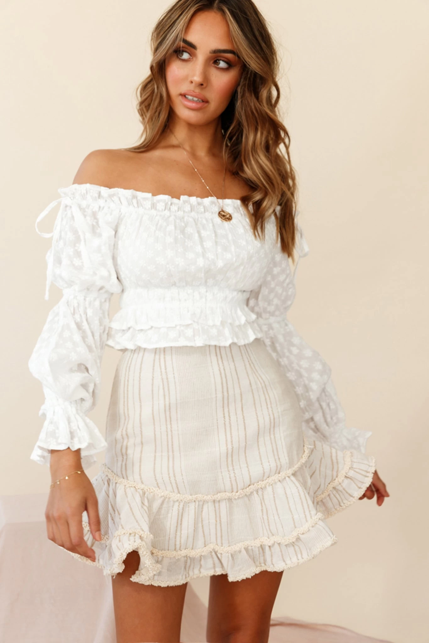 Eve Ruffle Hem Linen Blend Skirt White/Mocha Stripe 6 Eve Ruffle Hem Linen Blend Skirt White/Mocha Stripe - Image 6