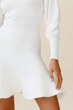 Montmarte Lantern Sleeve Fluted Hem Dress White -Fashion women's clothing ST2409D WHITE 4