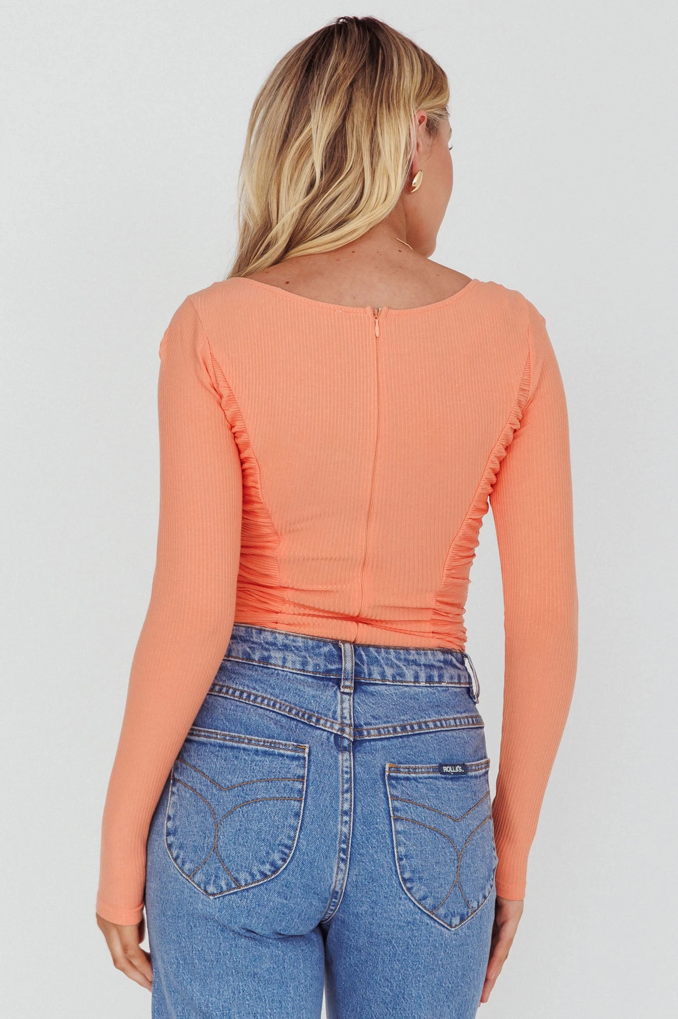 Bobbi Long Sleeve Ruched Side Ribbed Bodysuit Orange 2 Bobbi Long Sleeve Ruched Side Ribbed Bodysuit Orange - Image 2