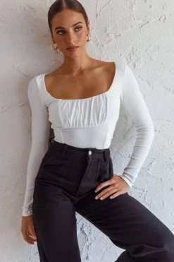 Bobbi Long Sleeve Ruched Side Ribbed Bodysuit White -Fashion women's clothing ST2919B 20WHITE 4