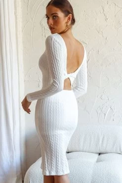 Merlin Long Sleeve Bodycon Knee Length Dress White